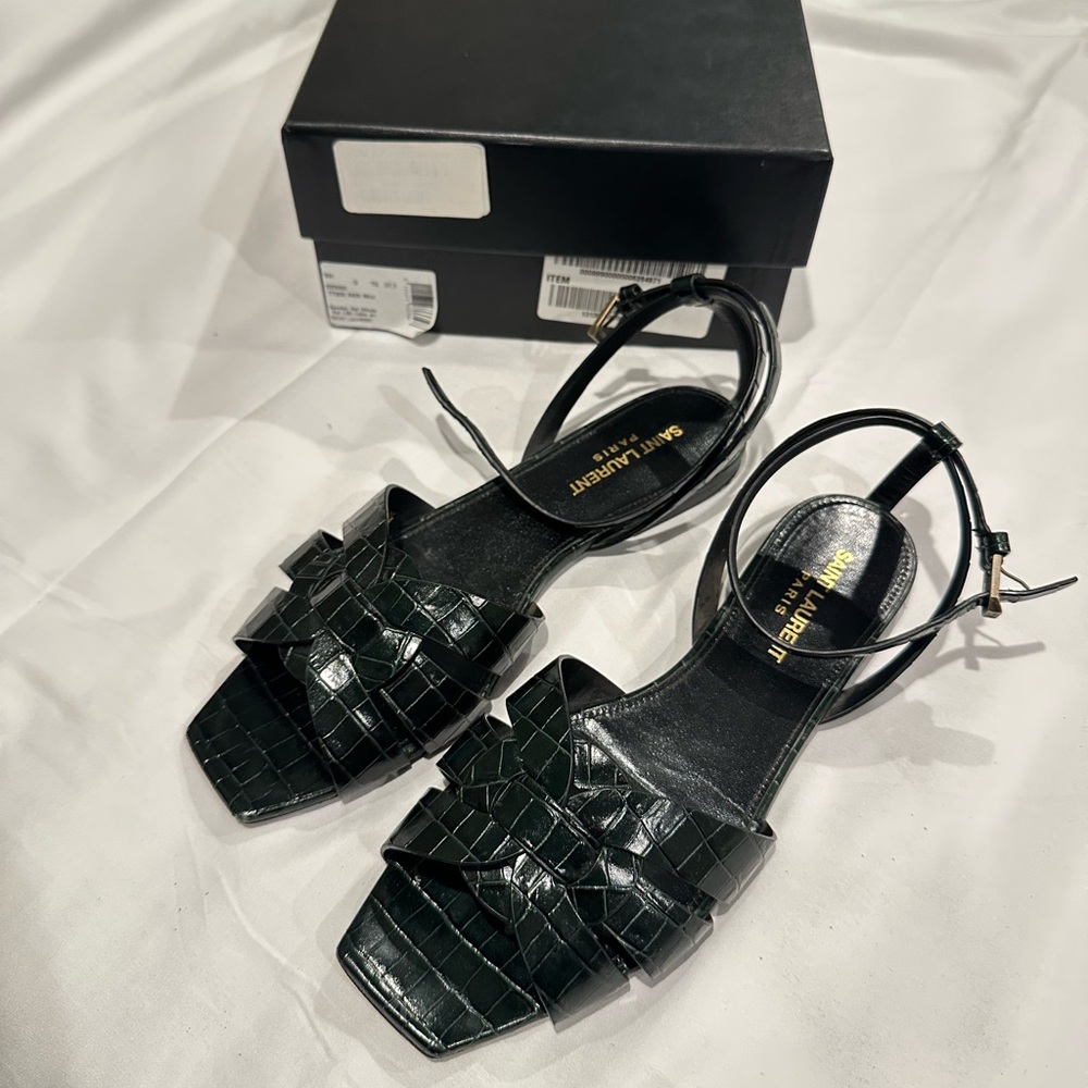 Saint Laurent Dark Green Croc-Embossed Tribute Sandals